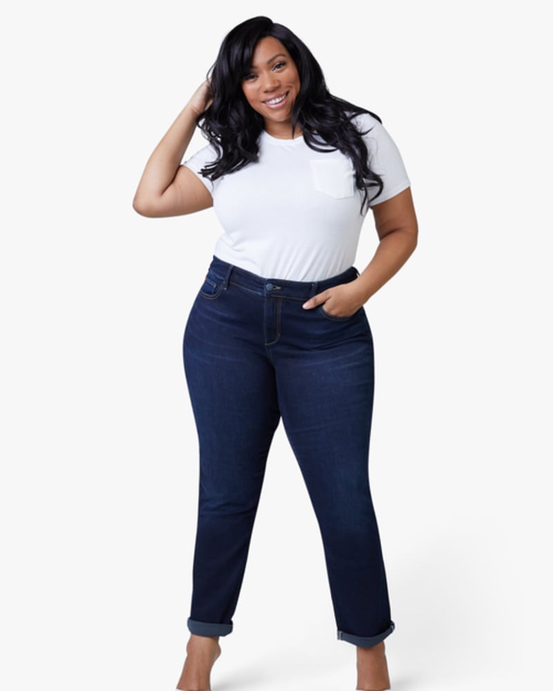 Front of a model wearing a size 12 Natalie Mid-Rise Boyfriend Jean in SUMMER by Slink Jeans. | dia_product_style_image_id:256116